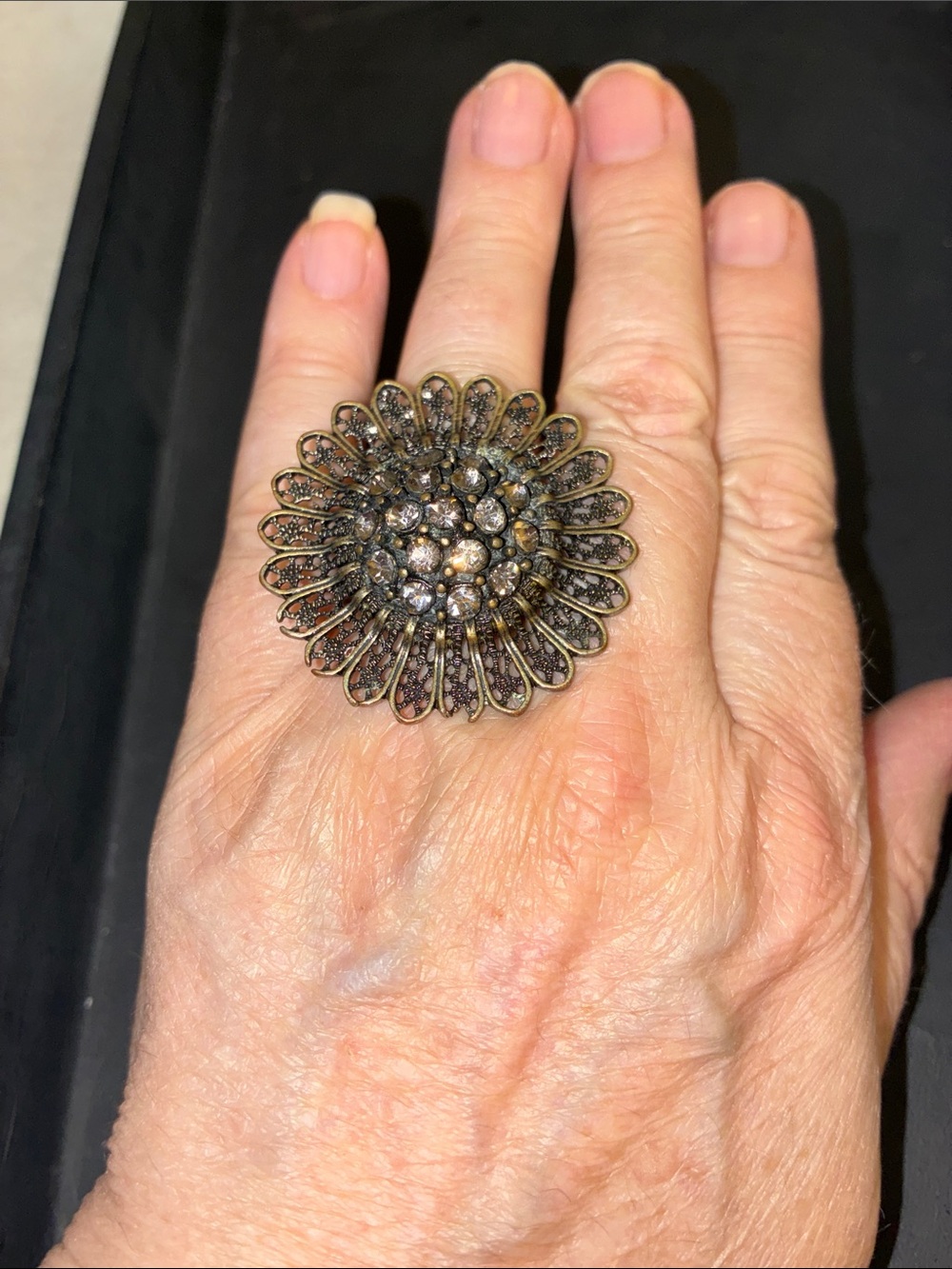 Vintage-Inspired Floral Statement Ring - Bronze Crystal Flower